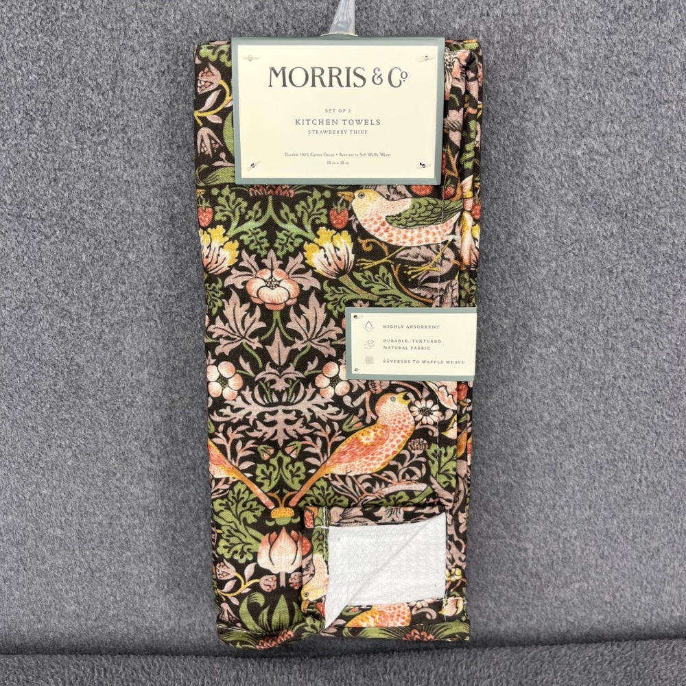 Morris & Co Kitchen Towels Set of 2 OS Brown Strawberry Thief Cotton Waffle